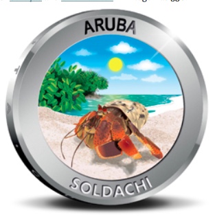 38 mm, 25 g, .925 fine silver Aruba 5 florin proof. The colored reverse shows “Soldachi,” the tiny hermit crab known as (Coenobita clypeatus) by its scientific pals. Mintage was 750.