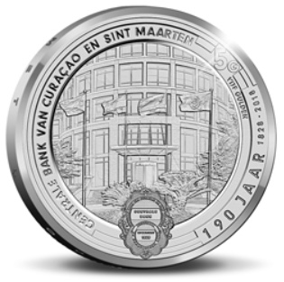 A 29 mm, 11.9 g, .925 fine silver 5 guilder proof marking 190 years of the Central bank of Curaçao and Sint Maarten. Mintage was 550.